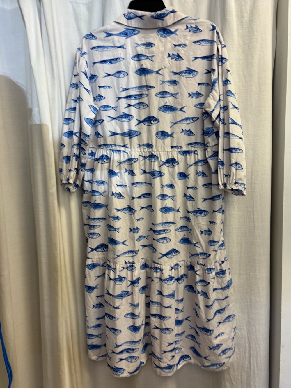 Maeve Bettina White & Blue Fish-Print Tiered Shirt Dress - Picture 9 of 13